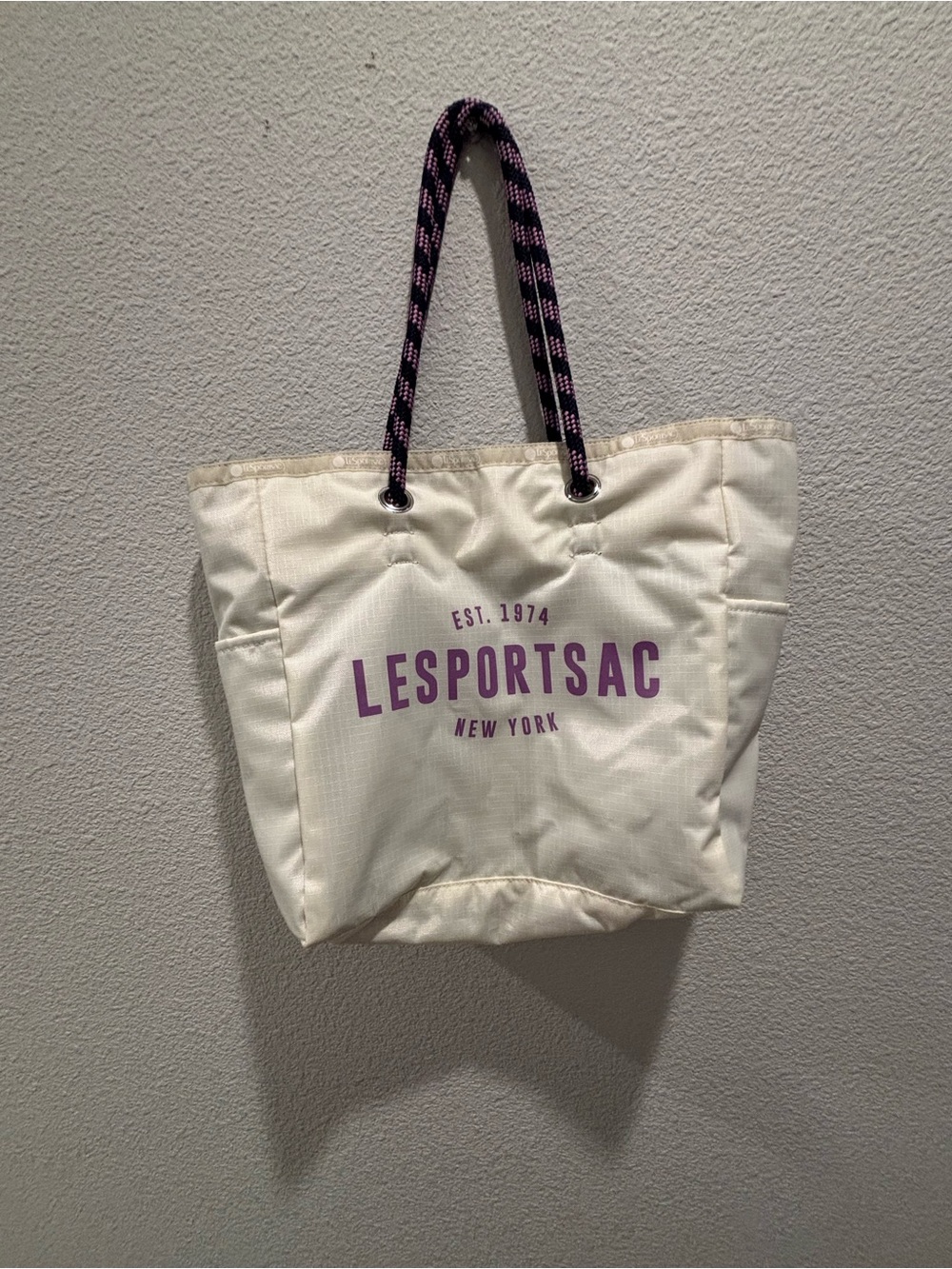 LeSportsac Cream Tote with Purple Logo and Rope Handles reversible